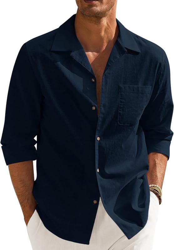 Men’s Casual Cotton Blend Shirt || Long Sleeve Button Down with Spread Collar | Lightweight Breathable Fabric | Stylish Solid Shirt for Beach, Office & Everyday Wear Pack of 2