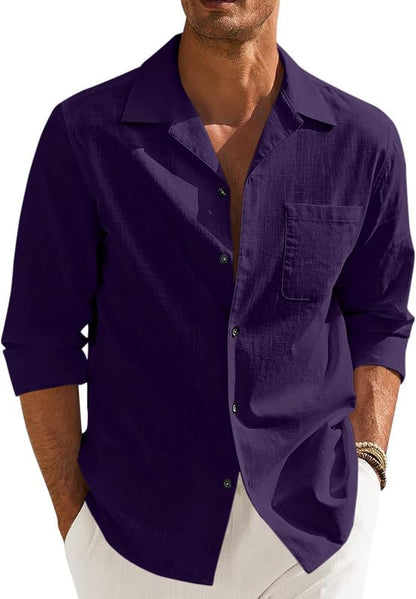 Men’s Casual Cotton Blend Shirt || Long Sleeve Button Down with Spread Collar | Lightweight Breathable Fabric | Stylish Solid Shirt for Beach, Office & Everyday Wear Pack of 2