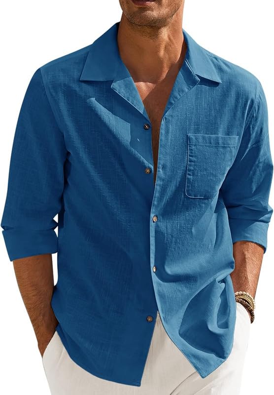 Men’s Casual Cotton Blend Shirt || Long Sleeve Button Down with Spread Collar | Lightweight Breathable Fabric | Stylish Solid Shirt for Beach, Office & Everyday Wear Pack of 2