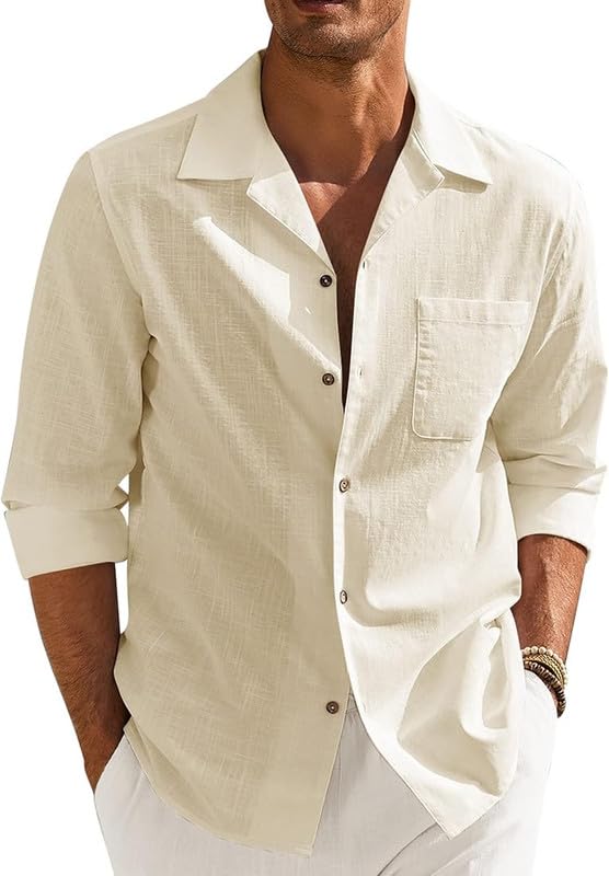 Men’s Casual Cotton Blend Shirt || Long Sleeve Button Down with Spread Collar | Lightweight Breathable Fabric | Stylish Solid Shirt for Beach, Office & Everyday Wear Pack of 2