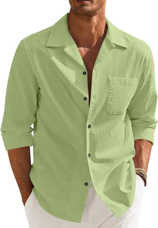 Men’s Casual Cotton Blend Shirt || Long Sleeve Button Down with Spread Collar | Lightweight Breathable Fabric | Stylish Solid Shirt for Beach, Office & Everyday Wear Pack of 2