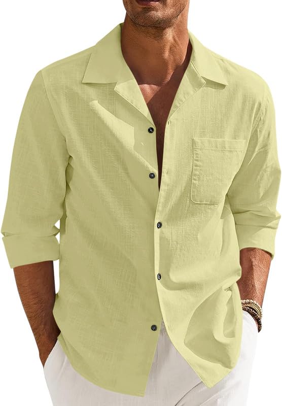 Men’s Casual Cotton Blend Shirt || Long Sleeve Button Down with Spread Collar | Lightweight Breathable Fabric | Stylish Solid Shirt for Beach, Office & Everyday Wear Pack of 2