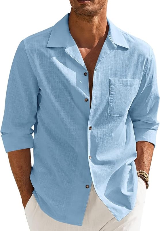 Men’s Casual Cotton Blend Shirt || Long Sleeve Button Down with Spread Collar | Lightweight Breathable Fabric | Stylish Solid Shirt for Beach, Office & Everyday Wear Pack of 2