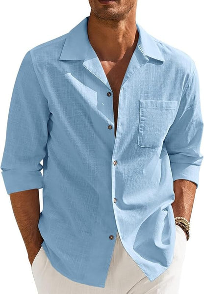 Men’s Casual Cotton Blend Shirt || Long Sleeve Button Down with Spread Collar | Lightweight Breathable Fabric | Stylish Solid Shirt for Beach, Office & Everyday Wear Pack of 2