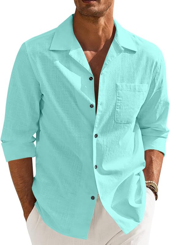 Men’s Casual Cotton Blend Shirt || Long Sleeve Button Down with Spread Collar | Lightweight Breathable Fabric | Stylish Solid Shirt for Beach, Office & Everyday Wear Pack of 2