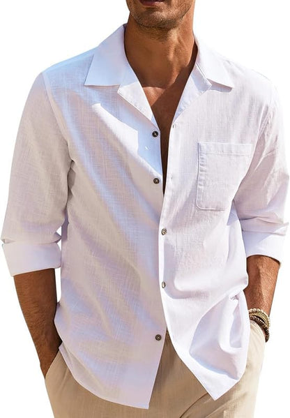 Men’s Casual Cotton Blend Shirt || Long Sleeve Button Down with Spread Collar | Lightweight Breathable Fabric | Stylish Solid Shirt for Beach, Office & Everyday Wear Pack of 2