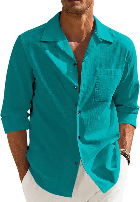 Men’s Casual Cotton Blend Shirt || Long Sleeve Button Down with Spread Collar | Lightweight Breathable Fabric | Stylish Solid Shirt for Beach, Office & Everyday Wear Pack of 2