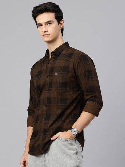 Man Stylish Slim Fit Cotton Spread Collar Checked Casual Shirt