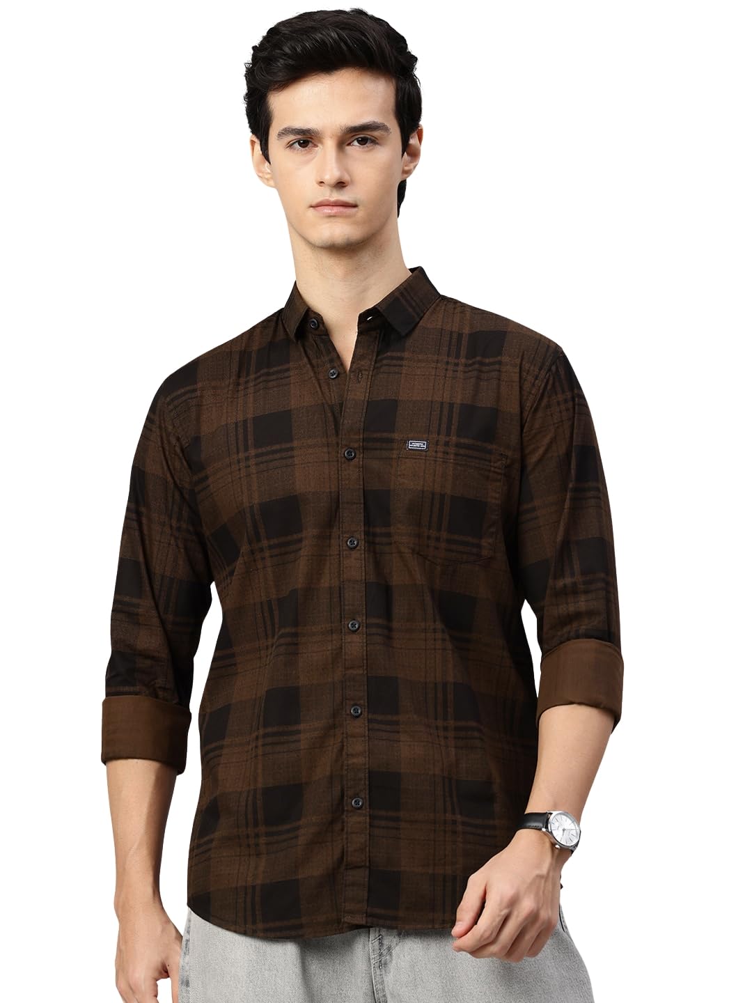 Man Stylish Slim Fit Cotton Spread Collar Checked Casual Shirt