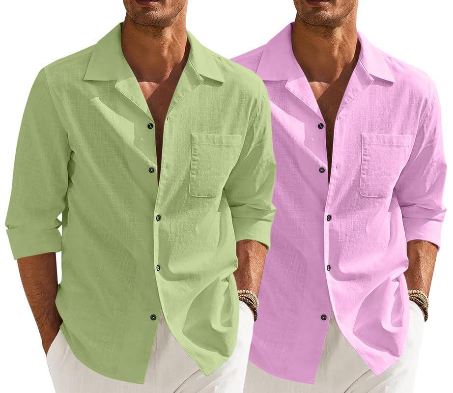 Men’s Casual Cotton Blend Shirt || Long Sleeve Button Down with Spread Collar | Lightweight Breathable Fabric | Stylish Solid Shirt for Beach, Office & Everyday Wear Pack of 2