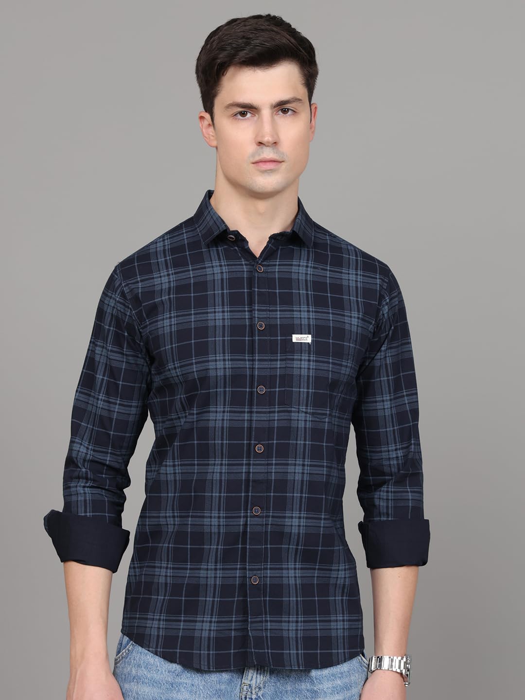 Man Stylish Slim Fit Cotton Spread Collar Checked Casual Shirt