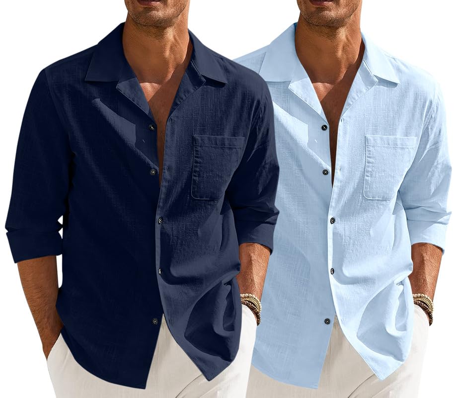 Men’s Casual Cotton Blend Shirt || Long Sleeve Button Down with Spread Collar | Lightweight Breathable Fabric | Stylish Solid Shirt for Beach, Office & Everyday Wear Pack of 2