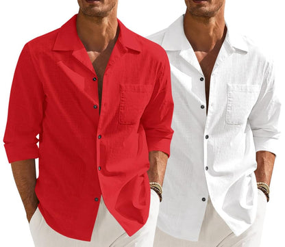 Men’s Casual Cotton Blend Shirt || Long Sleeve Button Down with Spread Collar | Lightweight Breathable Fabric | Stylish Solid Shirt for Beach, Office & Everyday Wear Pack of 2