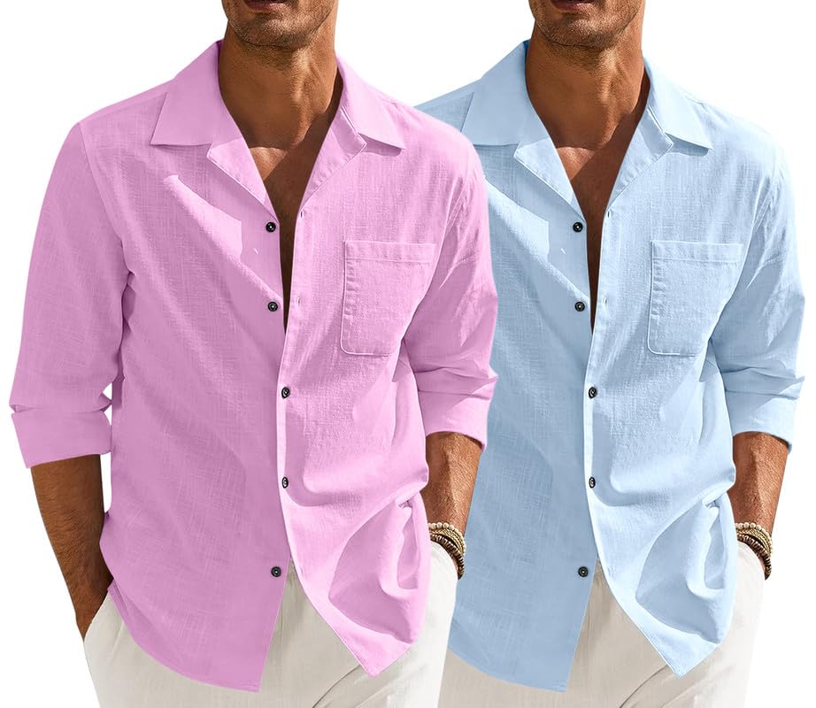 Men’s Casual Cotton Blend Shirt || Long Sleeve Button Down with Spread Collar | Lightweight Breathable Fabric | Stylish Solid Shirt for Beach, Office & Everyday Wear Pack of 2
