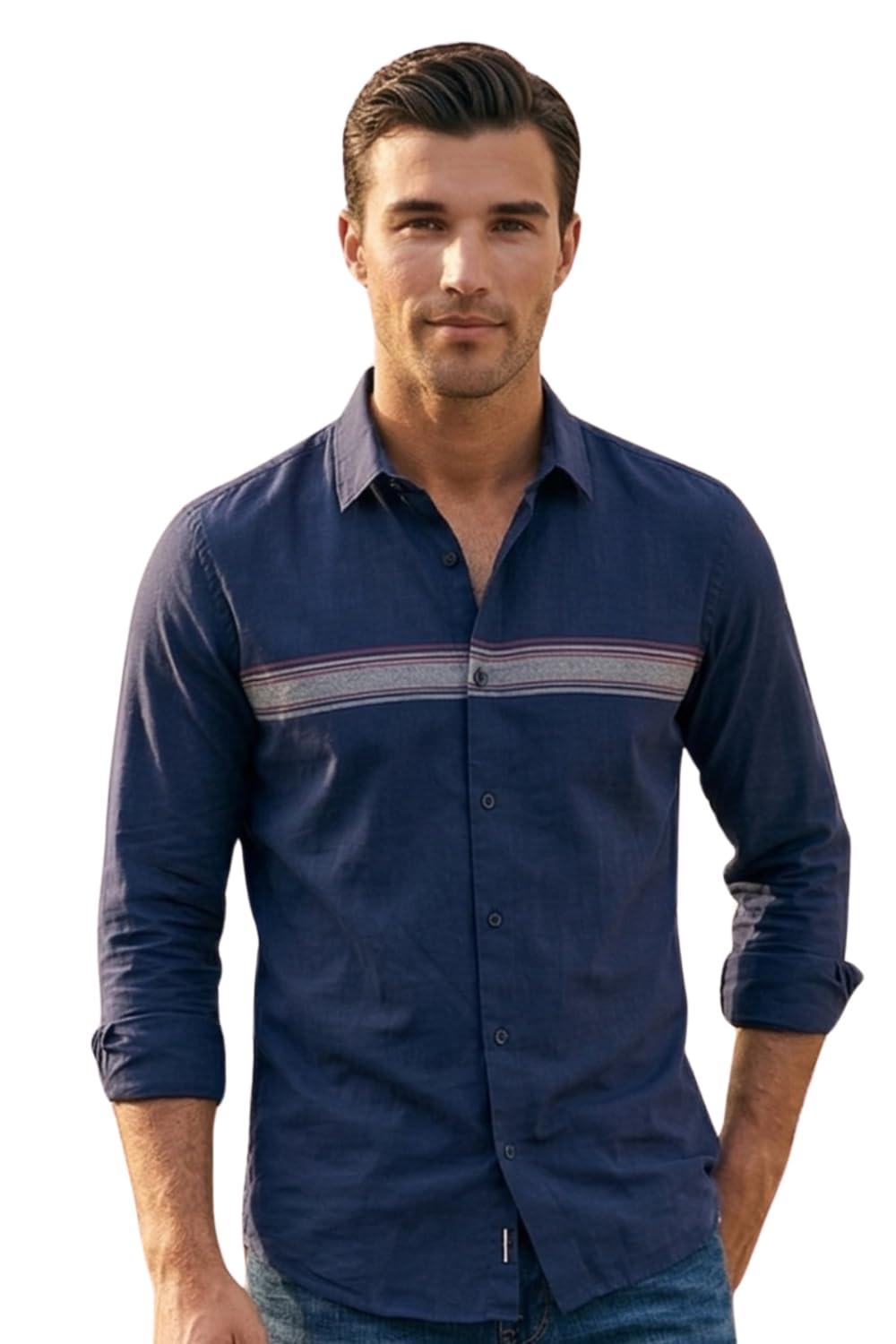 Men's Slim Fit Made Using BCI Cotton, Brushed Twill, Soft Fabric Full Sleeve Engineered Stripe Casual Shirt