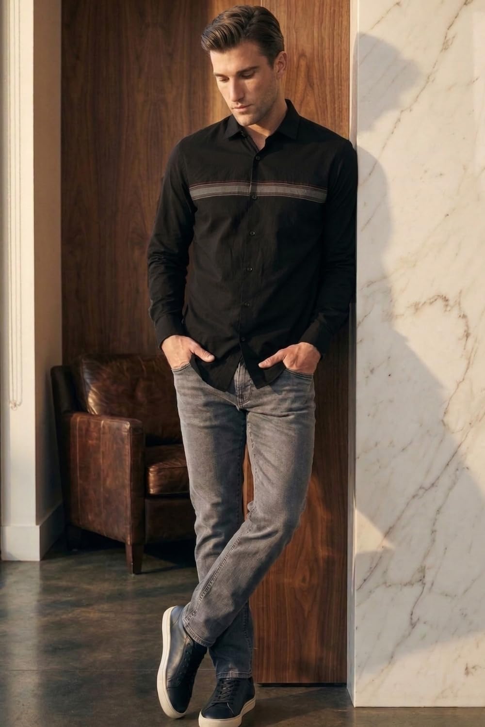 Men's Slim Fit Made Using BCI Cotton, Brushed Twill, Soft Fabric Full Sleeve Engineered Stripe Casual Shirt
