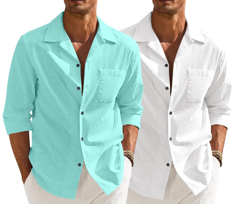 Men’s Casual Cotton Blend Shirt || Long Sleeve Button Down with Spread Collar | Lightweight Breathable Fabric | Stylish Solid Shirt for Beach, Office & Everyday Wear Pack of 2