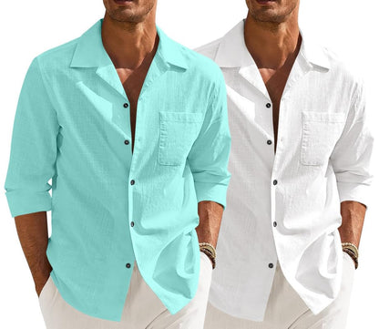 Men’s Casual Cotton Blend Shirt || Long Sleeve Button Down with Spread Collar | Lightweight Breathable Fabric | Stylish Solid Shirt for Beach, Office & Everyday Wear Pack of 2