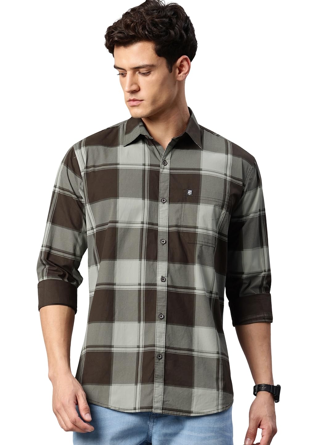 Man Stylish Slim Fit Cotton Spread Collar Checked Casual Shirt