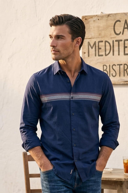 Men's Slim Fit Made Using BCI Cotton, Brushed Twill, Soft Fabric Full Sleeve Engineered Stripe Casual Shirt