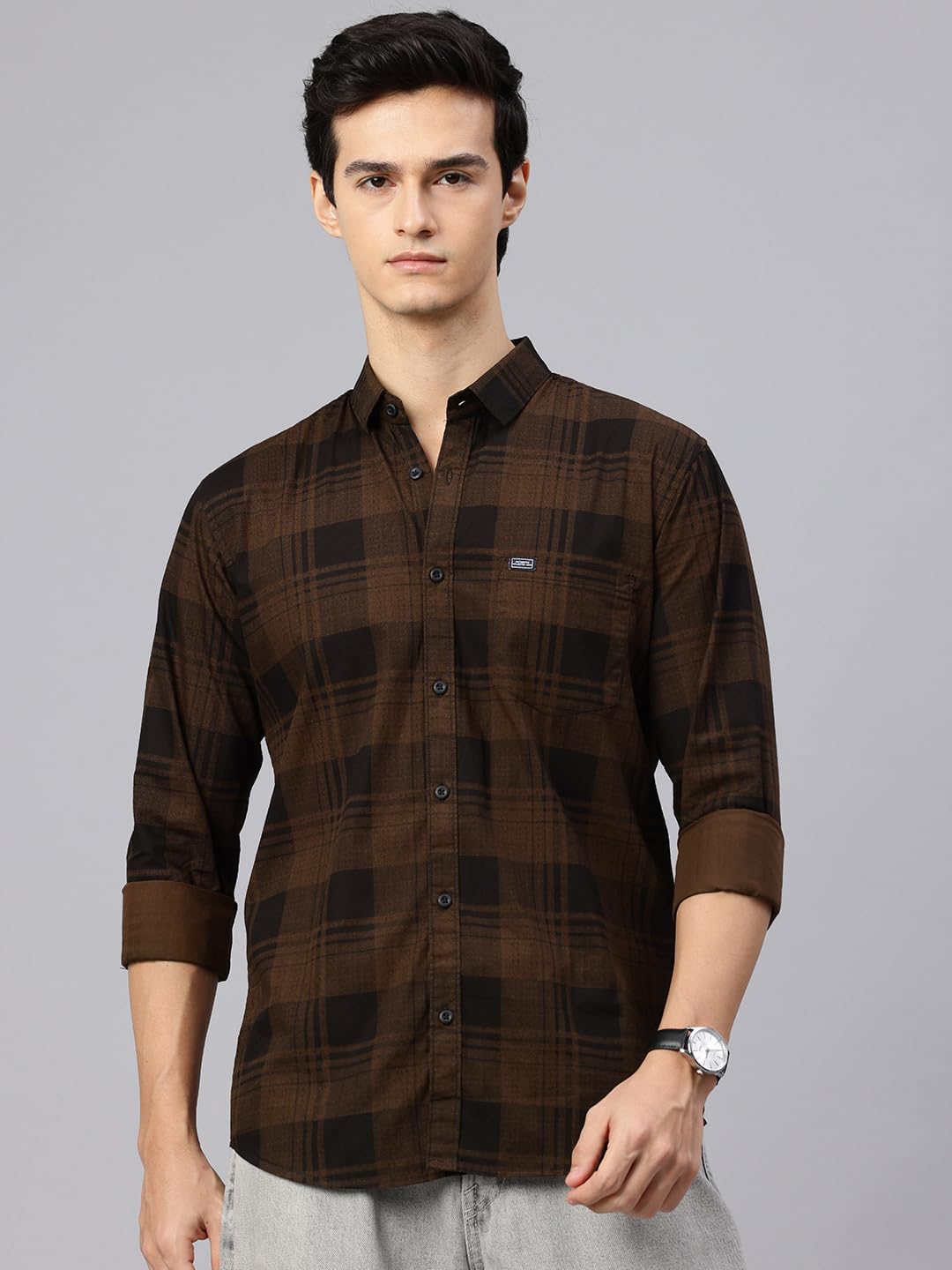 Man Stylish Slim Fit Cotton Spread Collar Checked Casual Shirt