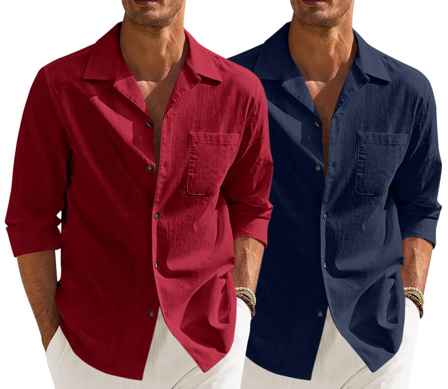 Men’s Casual Cotton Blend Shirt || Long Sleeve Button Down with Spread Collar | Lightweight Breathable Fabric | Stylish Solid Shirt for Beach, Office & Everyday Wear Pack of 2