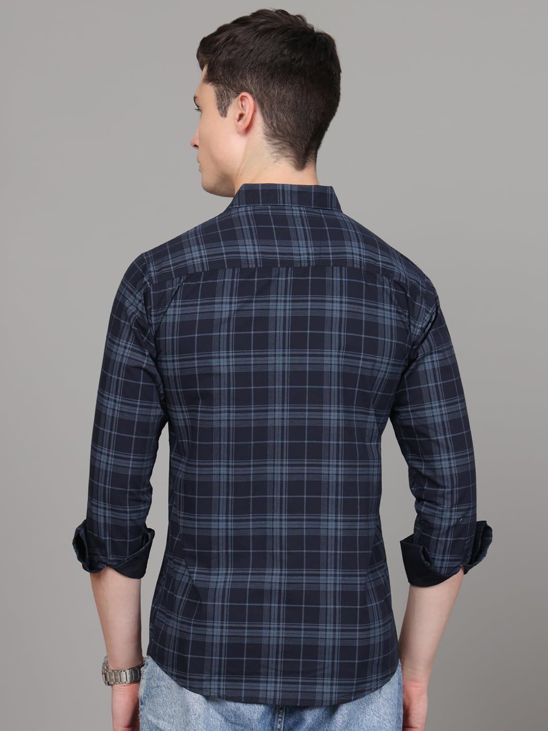 Man Stylish Slim Fit Cotton Spread Collar Checked Casual Shirt