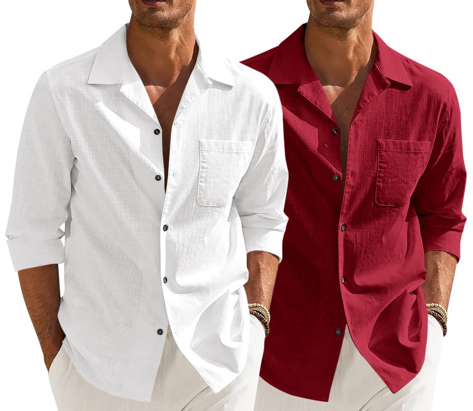 Men’s Casual Cotton Blend Shirt || Long Sleeve Button Down with Spread Collar | Lightweight Breathable Fabric | Stylish Solid Shirt for Beach, Office & Everyday Wear Pack of 2