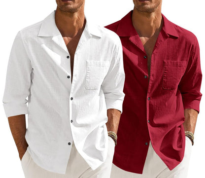 Men’s Casual Cotton Blend Shirt || Long Sleeve Button Down with Spread Collar | Lightweight Breathable Fabric | Stylish Solid Shirt for Beach, Office & Everyday Wear Pack of 2