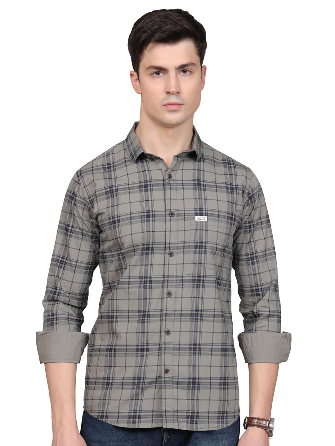 Man Stylish Slim Fit Cotton Spread Collar Checked Casual Shirt