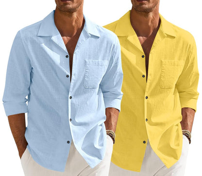 Men’s Casual Cotton Blend Shirt || Long Sleeve Button Down with Spread Collar | Lightweight Breathable Fabric | Stylish Solid Shirt for Beach, Office & Everyday Wear Pack of 2