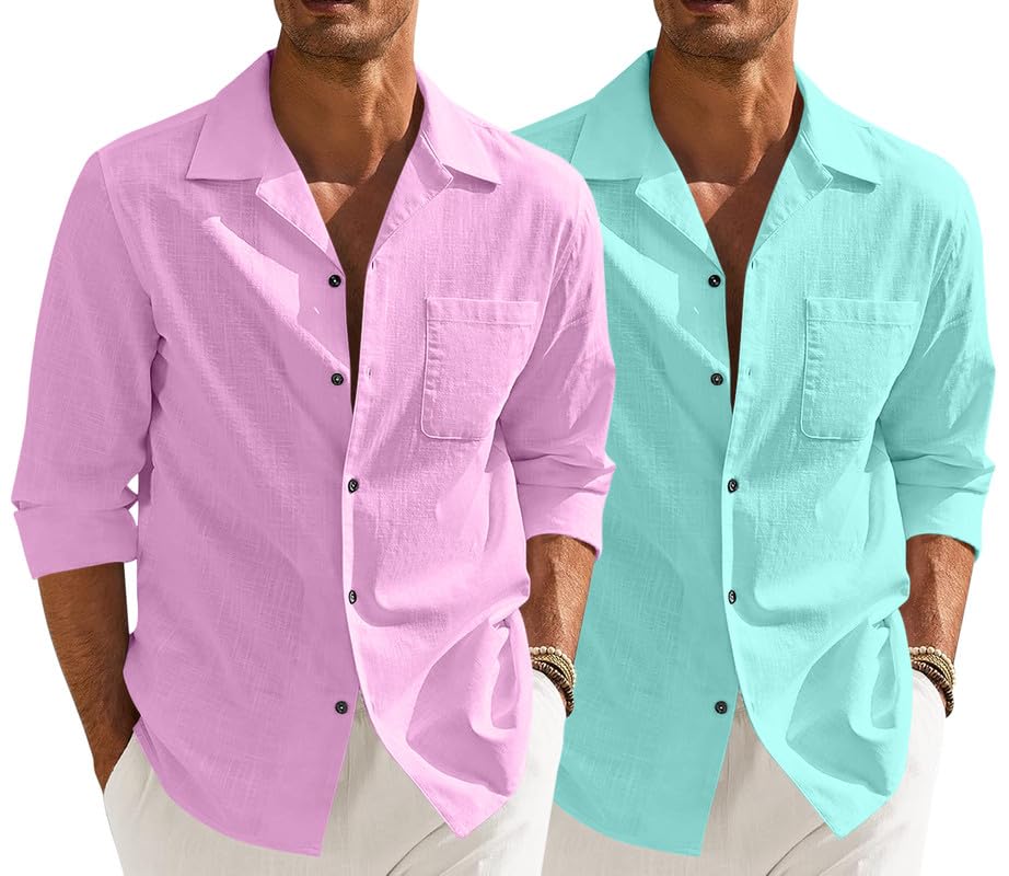 Men’s Casual Cotton Blend Shirt || Long Sleeve Button Down with Spread Collar | Lightweight Breathable Fabric | Stylish Solid Shirt for Beach, Office & Everyday Wear Pack of 2
