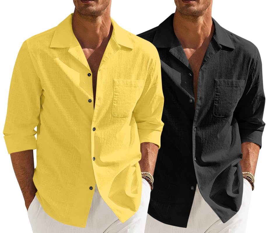 Men’s Casual Cotton Blend Shirt || Long Sleeve Button Down with Spread Collar | Lightweight Breathable Fabric | Stylish Solid Shirt for Beach, Office & Everyday Wear Pack of 2