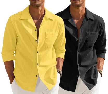 Men’s Casual Cotton Blend Shirt || Long Sleeve Button Down with Spread Collar | Lightweight Breathable Fabric | Stylish Solid Shirt for Beach, Office & Everyday Wear Pack of 2