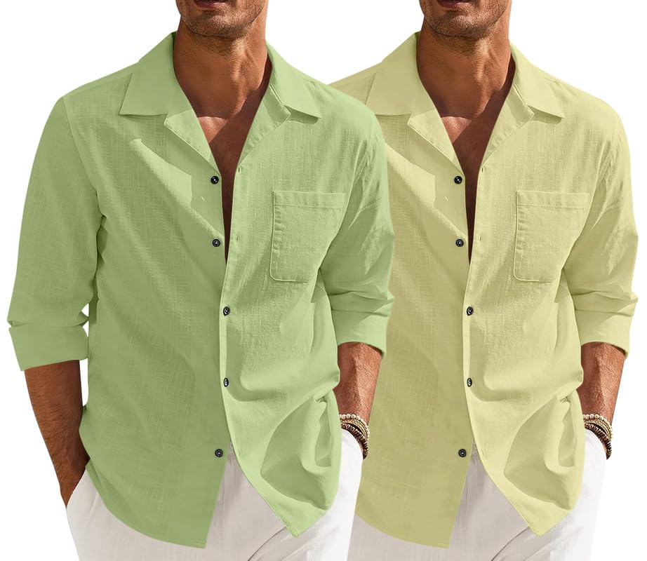 Men’s Casual Cotton Blend Shirt || Long Sleeve Button Down with Spread Collar | Lightweight Breathable Fabric | Stylish Solid Shirt for Beach, Office & Everyday Wear Pack of 2