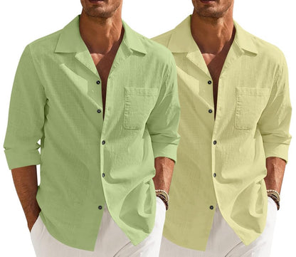 Men’s Casual Cotton Blend Shirt || Long Sleeve Button Down with Spread Collar | Lightweight Breathable Fabric | Stylish Solid Shirt for Beach, Office & Everyday Wear Pack of 2