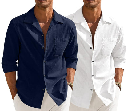Men’s Casual Cotton Blend Shirt || Long Sleeve Button Down with Spread Collar | Lightweight Breathable Fabric | Stylish Solid Shirt for Beach, Office & Everyday Wear Pack of 2