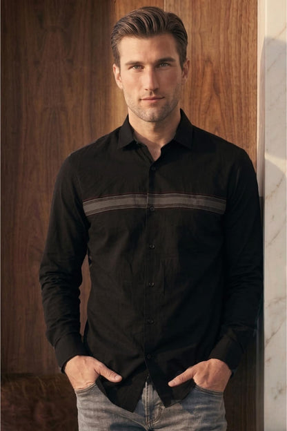 Men's Slim Fit Made Using BCI Cotton, Brushed Twill, Soft Fabric Full Sleeve Engineered Stripe Casual Shirt