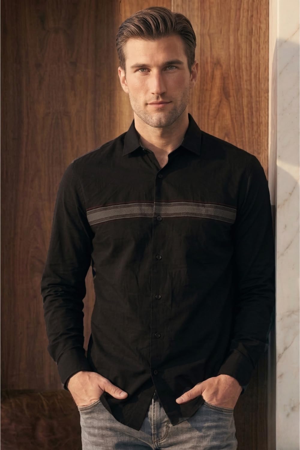 Men's Slim Fit Made Using BCI Cotton, Brushed Twill, Soft Fabric Full Sleeve Engineered Stripe Casual Shirt