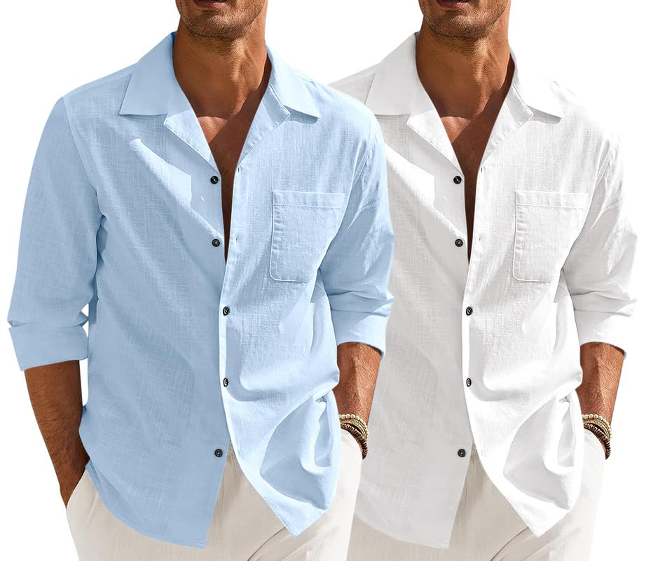 Men’s Casual Cotton Blend Shirt || Long Sleeve Button Down with Spread Collar | Lightweight Breathable Fabric | Stylish Solid Shirt for Beach, Office & Everyday Wear Pack of 2