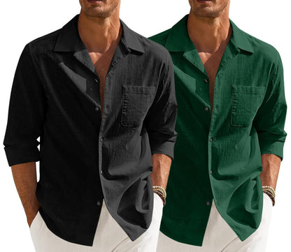 Men’s Casual Cotton Blend Shirt || Long Sleeve Button Down with Spread Collar | Lightweight Breathable Fabric | Stylish Solid Shirt for Beach, Office & Everyday Wear Pack of 2