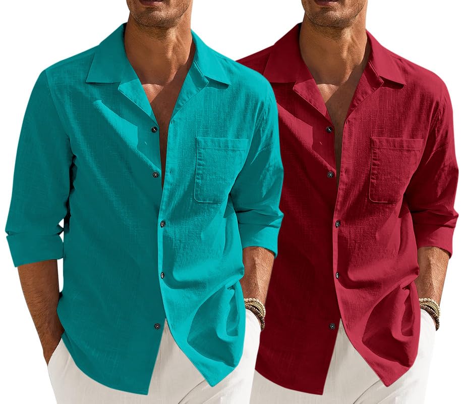 Men’s Casual Cotton Blend Shirt || Long Sleeve Button Down with Spread Collar | Lightweight Breathable Fabric | Stylish Solid Shirt for Beach, Office & Everyday Wear Pack of 2