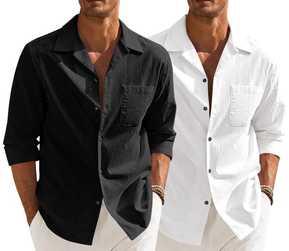 Men’s Casual Cotton Blend Shirt || Long Sleeve Button Down with Spread Collar | Lightweight Breathable Fabric | Stylish Solid Shirt for Beach, Office & Everyday Wear Pack of 2