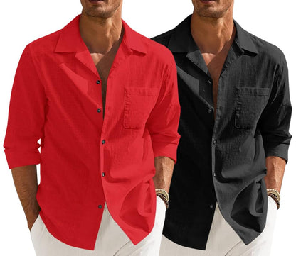 Men’s Casual Cotton Blend Shirt || Long Sleeve Button Down with Spread Collar | Lightweight Breathable Fabric | Stylish Solid Shirt for Beach, Office & Everyday Wear Pack of 2