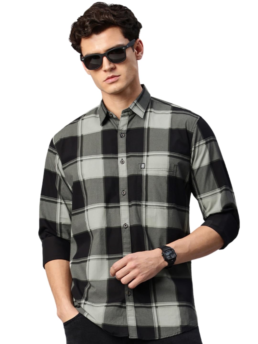 Man Stylish Slim Fit Cotton Spread Collar Checked Casual Shirt