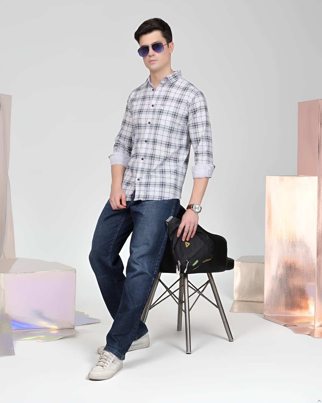 Man Stylish Slim Fit Cotton Spread Collar Checked Casual Shirt