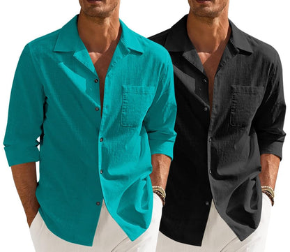 Men’s Casual Cotton Blend Shirt || Long Sleeve Button Down with Spread Collar | Lightweight Breathable Fabric | Stylish Solid Shirt for Beach, Office & Everyday Wear Pack of 2
