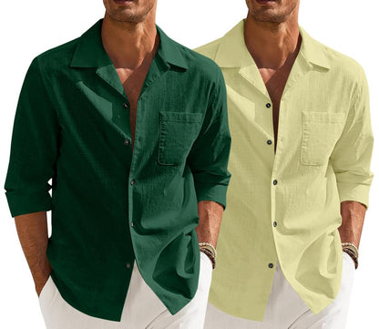 Men’s Casual Cotton Blend Shirt || Long Sleeve Button Down with Spread Collar | Lightweight Breathable Fabric | Stylish Solid Shirt for Beach, Office & Everyday Wear Pack of 2