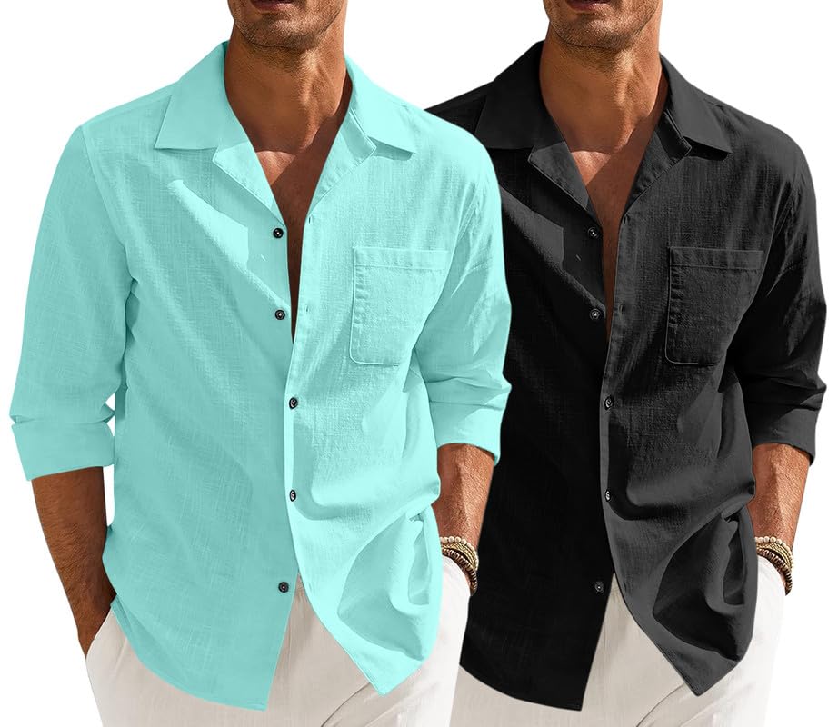 Men’s Casual Cotton Blend Shirt || Long Sleeve Button Down with Spread Collar | Lightweight Breathable Fabric | Stylish Solid Shirt for Beach, Office & Everyday Wear Pack of 2