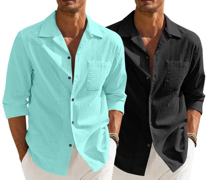 Men’s Casual Cotton Blend Shirt || Long Sleeve Button Down with Spread Collar | Lightweight Breathable Fabric | Stylish Solid Shirt for Beach, Office & Everyday Wear Pack of 2